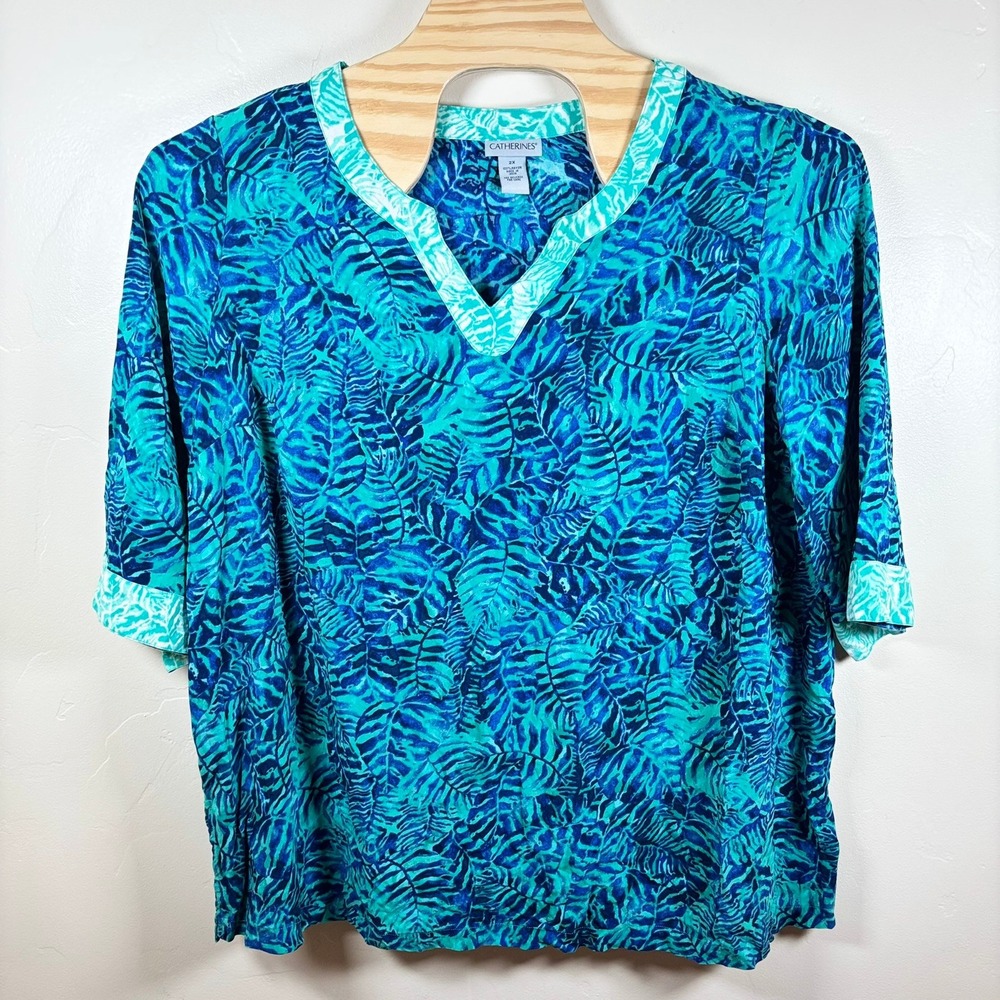 Catherines Tunic Top Plus Size 2X Blue Tropical Print 3/4‎ Sleeve Rayon Vacation